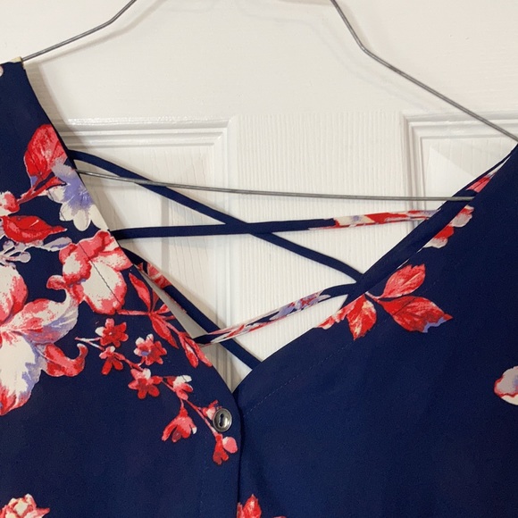 Sandy & sid floral navy pink short sleeve open stringy back blouse top shirt - Picture 4 of 17